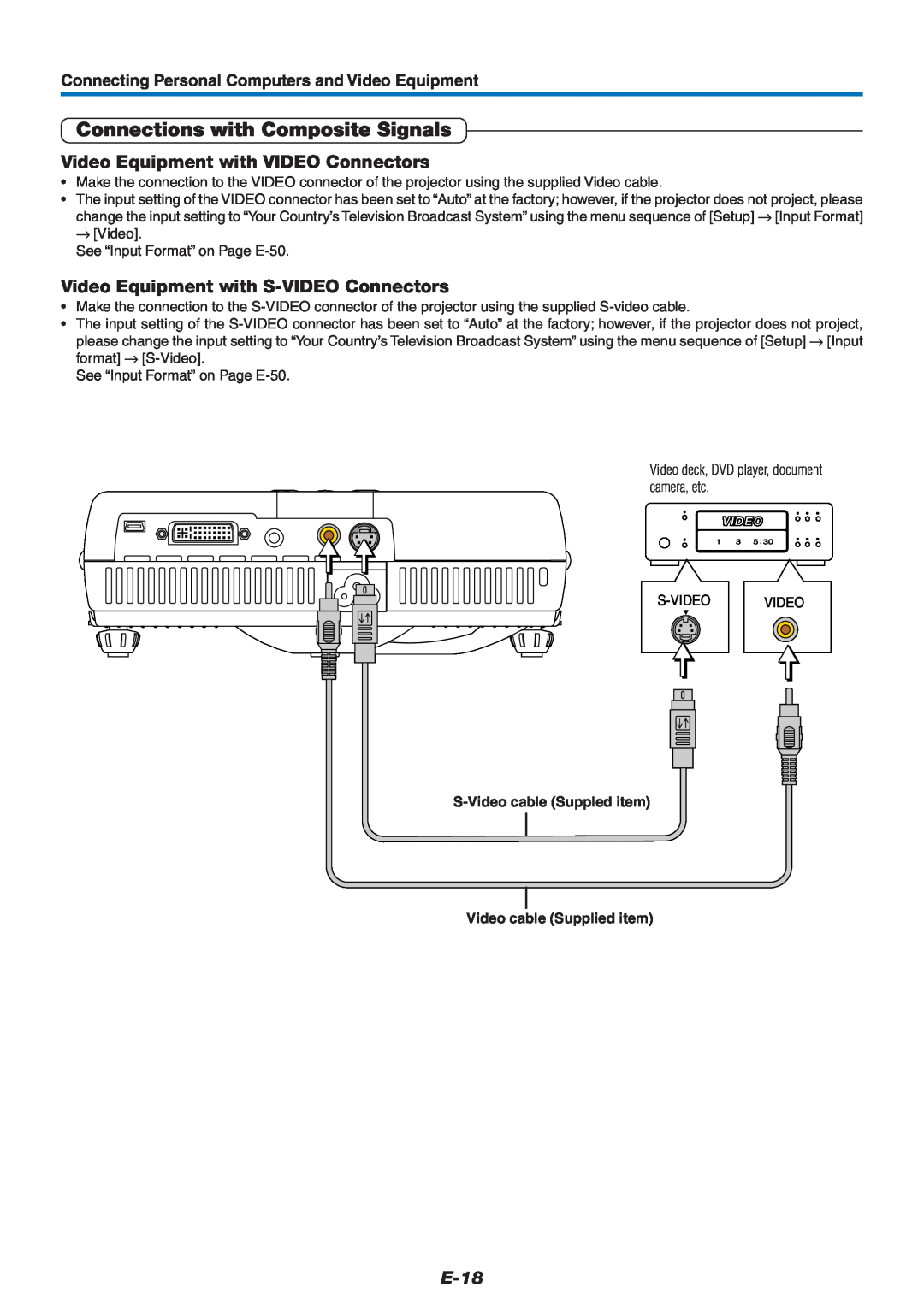 PLUS Vision U4-232 user manual Connections with Composite Signals, Video Equipment with VIDEO Connectors, E-18 