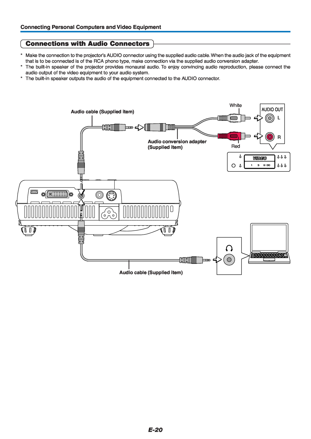 PLUS Vision U4-232 user manual Connections with Audio Connectors, E-20, Connecting Personal Computers and Video Equipment 