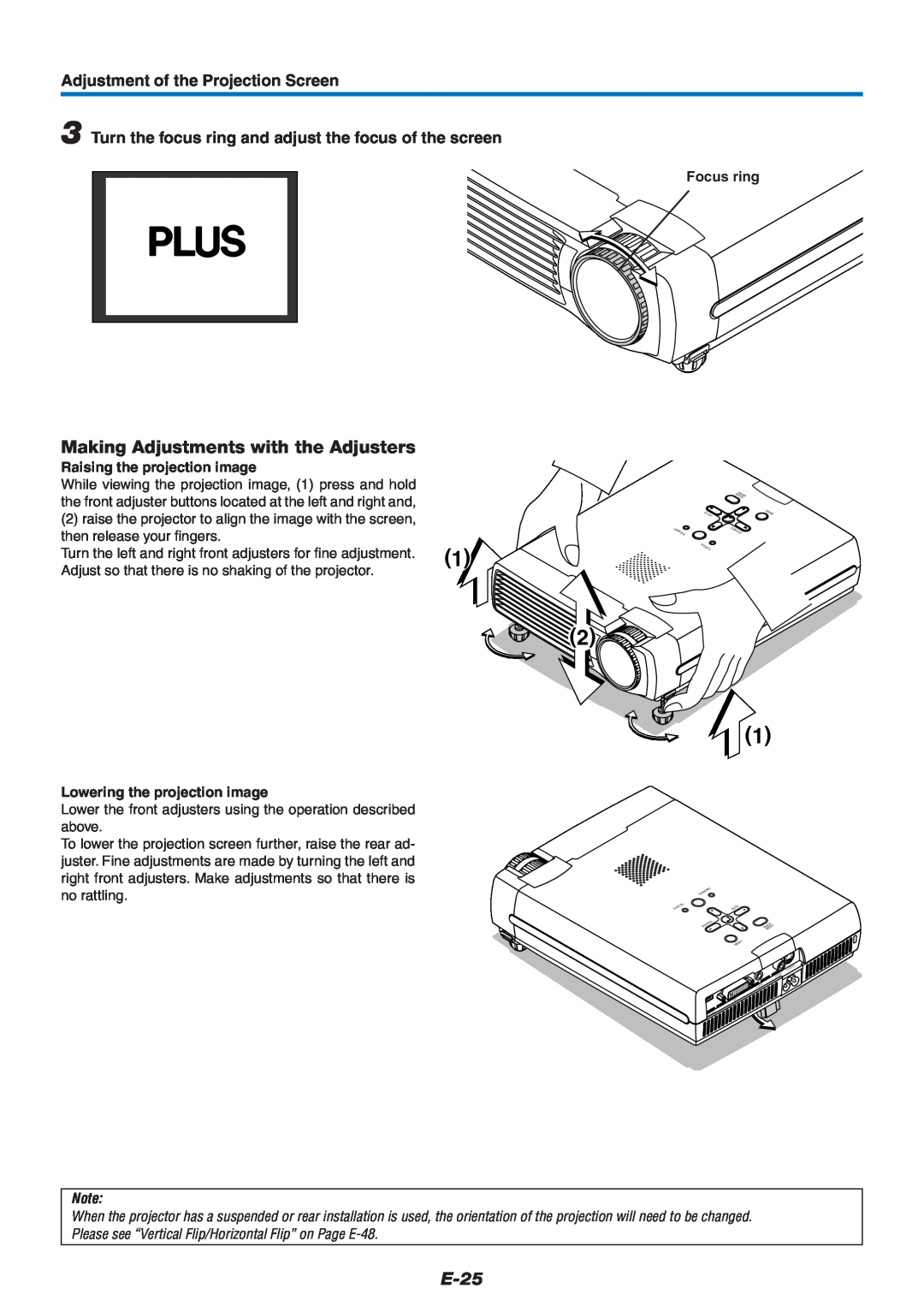 PLUS Vision U4-232 user manual Making Adjustments with the Adjusters, E-25, Adjustment of the Projection Screen, Focus ring 