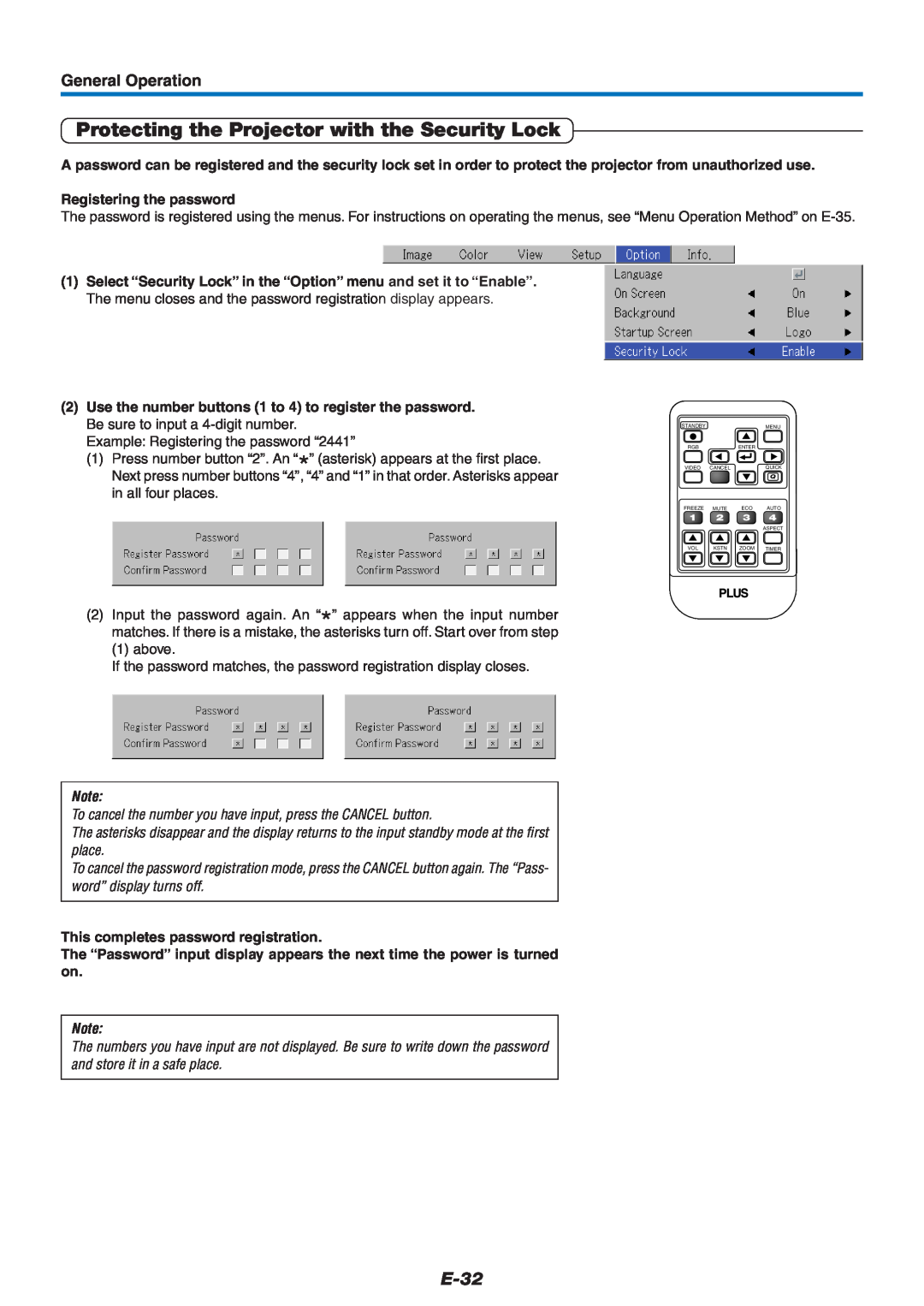 PLUS Vision U4-232 Protecting the Projector with the Security Lock, E-32, General Operation, Registering the password 