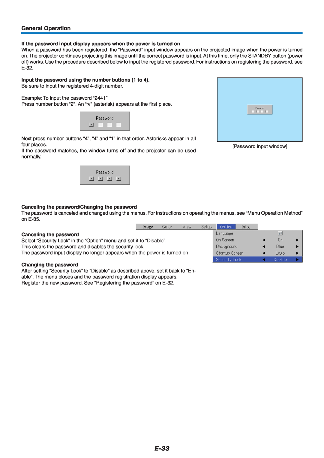 PLUS Vision U4-232 user manual E-33, General Operation, If the password input display appears when the power is turned on 