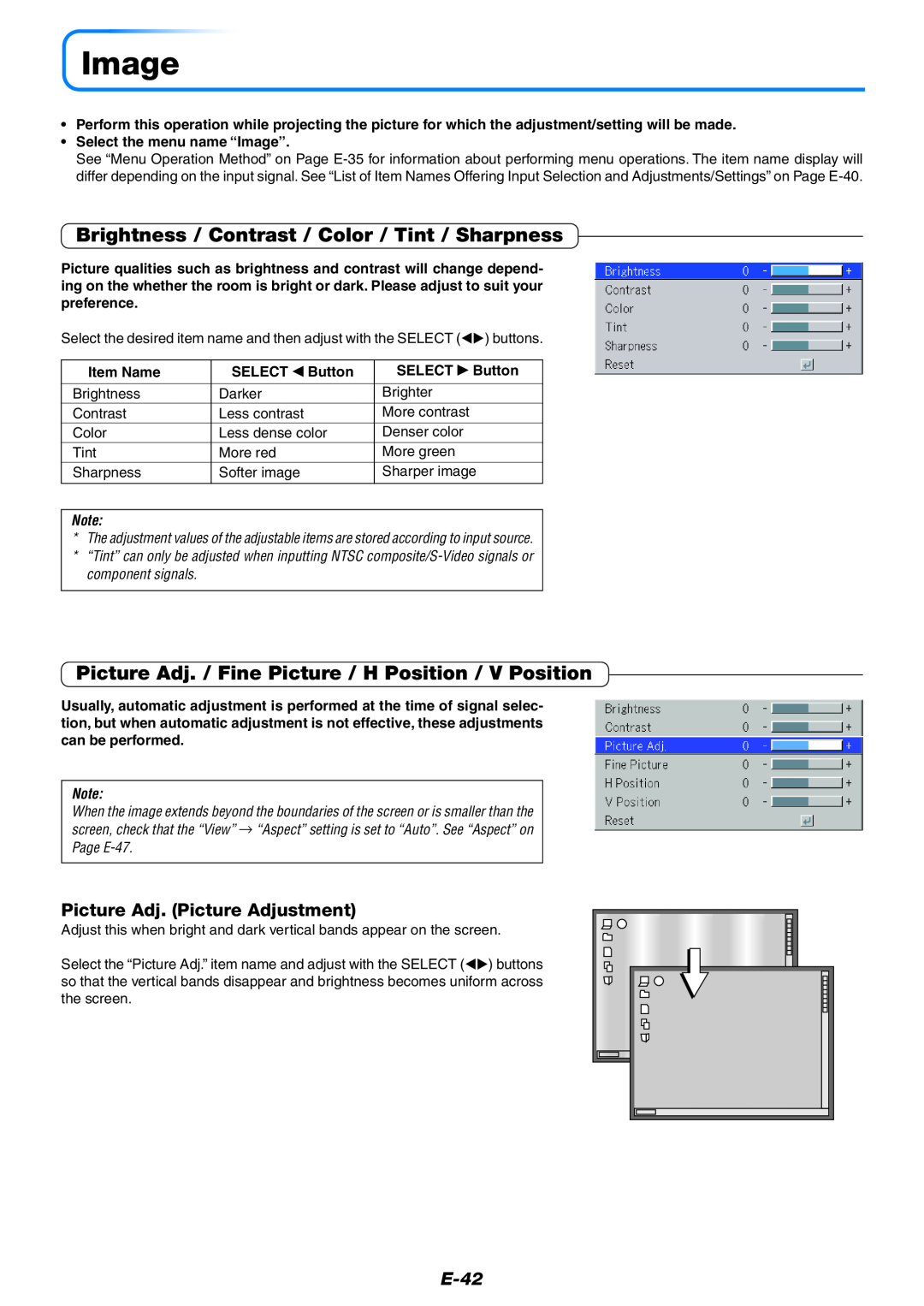 PLUS Vision U4-232 Image, Brightness / Contrast / Color / Tint / Sharpness, Picture Adj. Picture Adjustment, E-42 