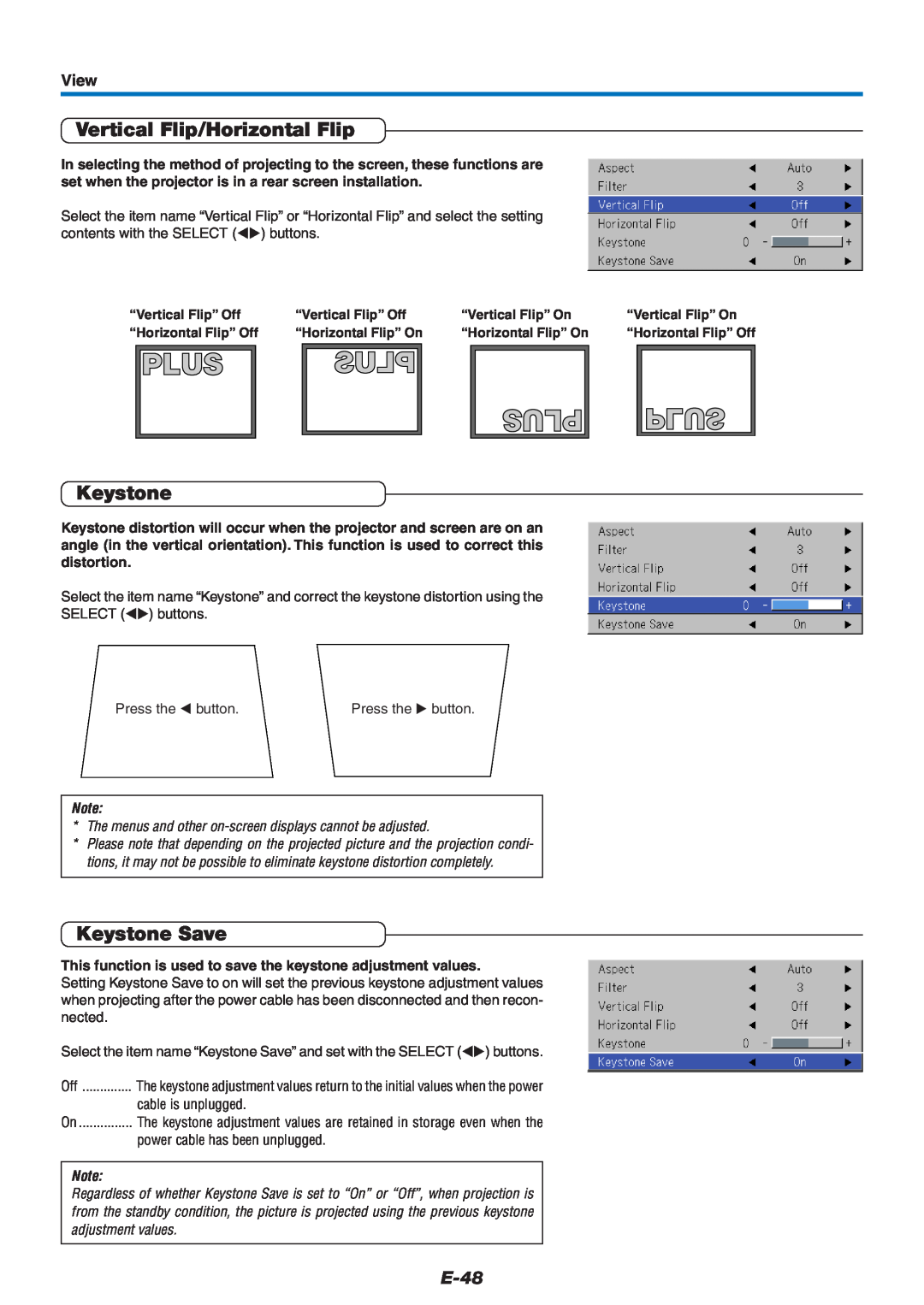 PLUS Vision U4-232 user manual Vertical Flip/Horizontal Flip, Keystone Save, E-48, View 