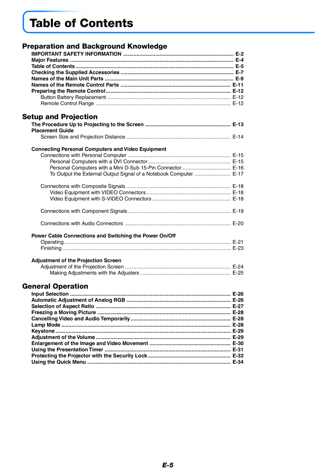 PLUS Vision U4-232 Table of Contents, Preparation and Background Knowledge, Setup and Projection, General Operation, E-11 