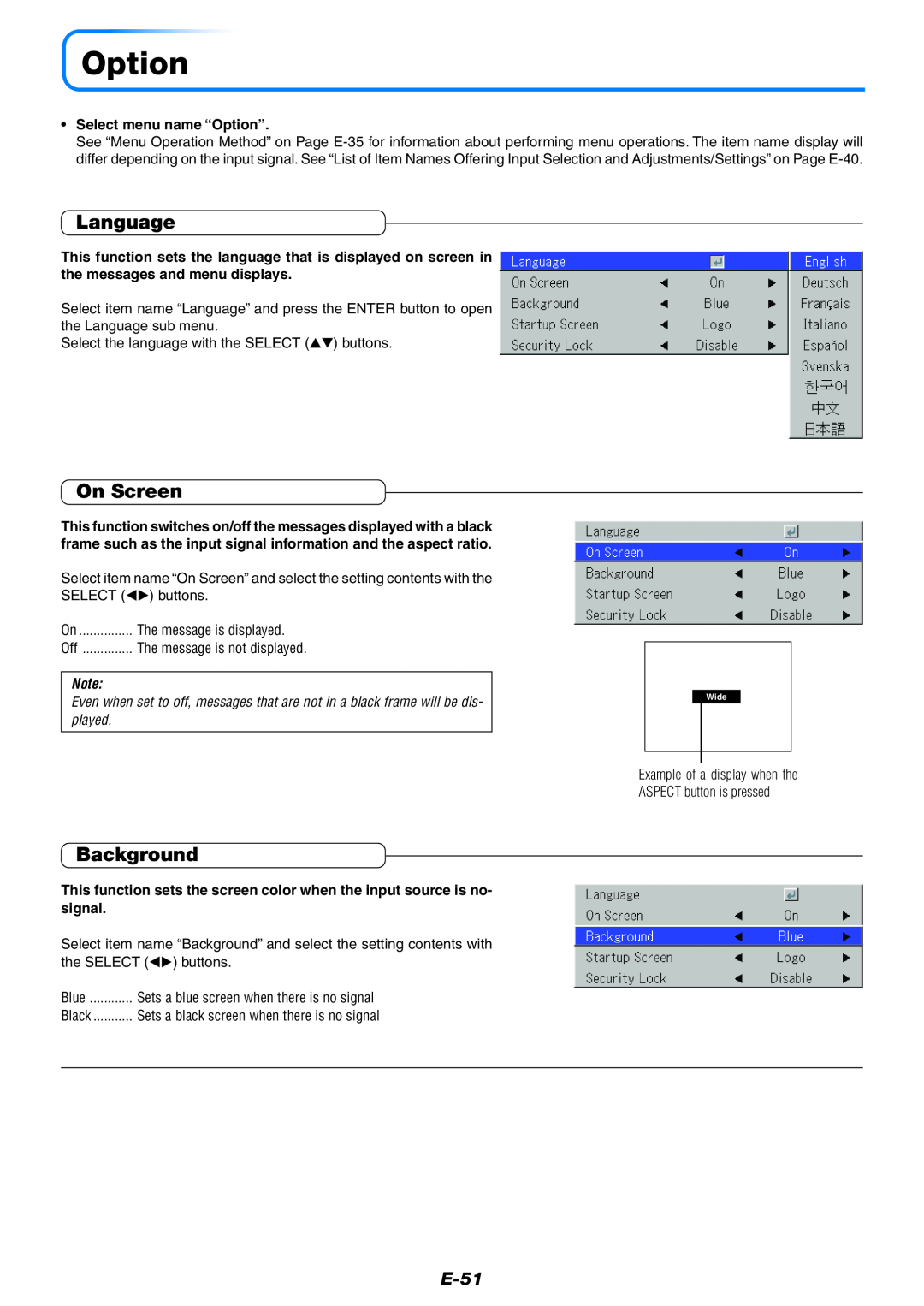 PLUS Vision U4-232 user manual Language, On Screen, Background, E-51, Select menu name “Option” 
