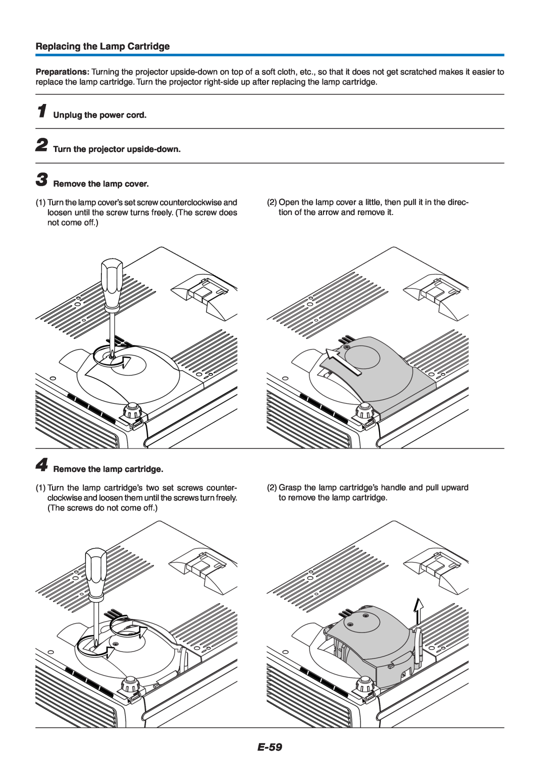 PLUS Vision U4-232 user manual E-59, Replacing the Lamp Cartridge, Unplug the power cord 2 Turn the projector upside-down 