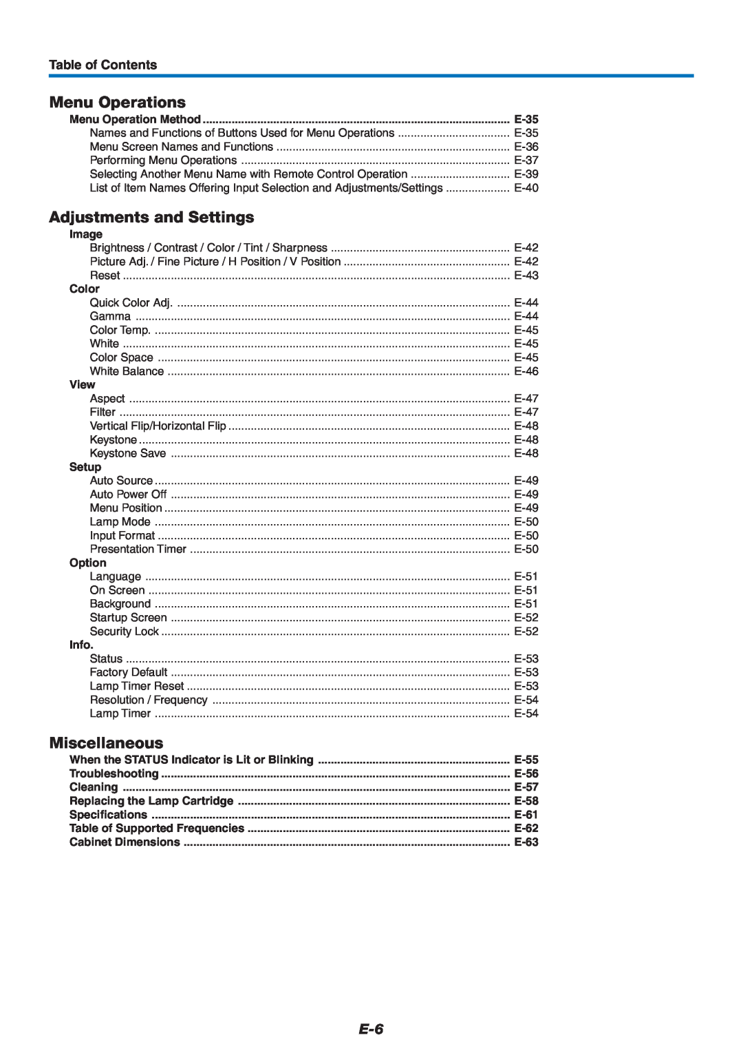 PLUS Vision U4-232 Menu Operations, Adjustments and Settings, Miscellaneous, Table of Contents, E-35, Image, Color, View 
