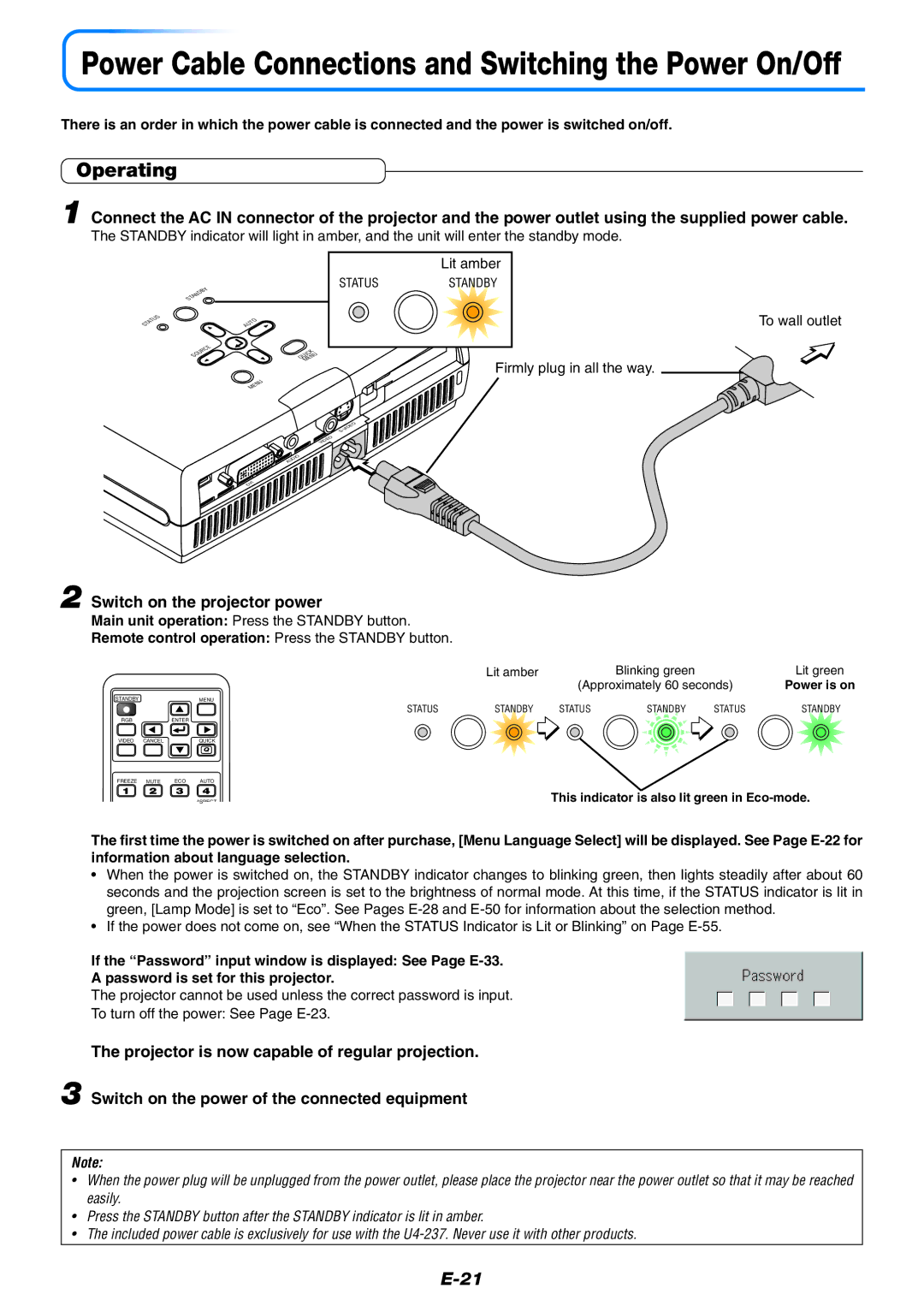 PLUS Vision U4-237 user manual Operating, Switch on the projector power, Remote control operation Press the Standby button 