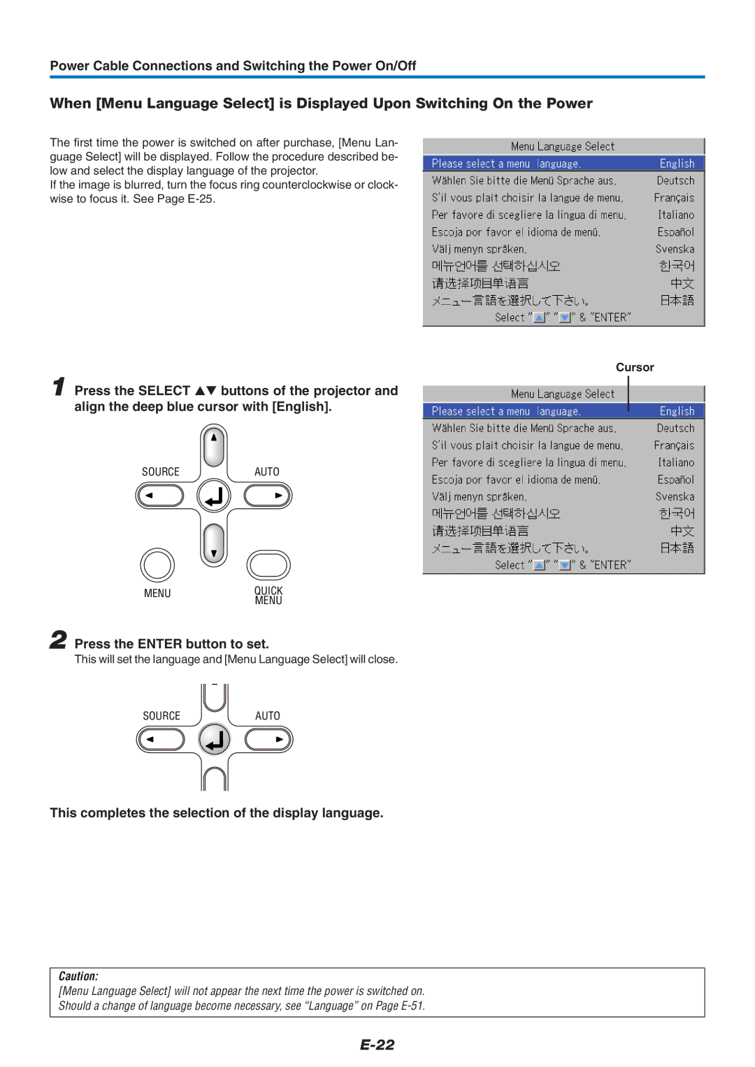 PLUS Vision U4-237 Power Cable Connections and Switching the Power On/Off, Press the Enter button to set, Cursor 