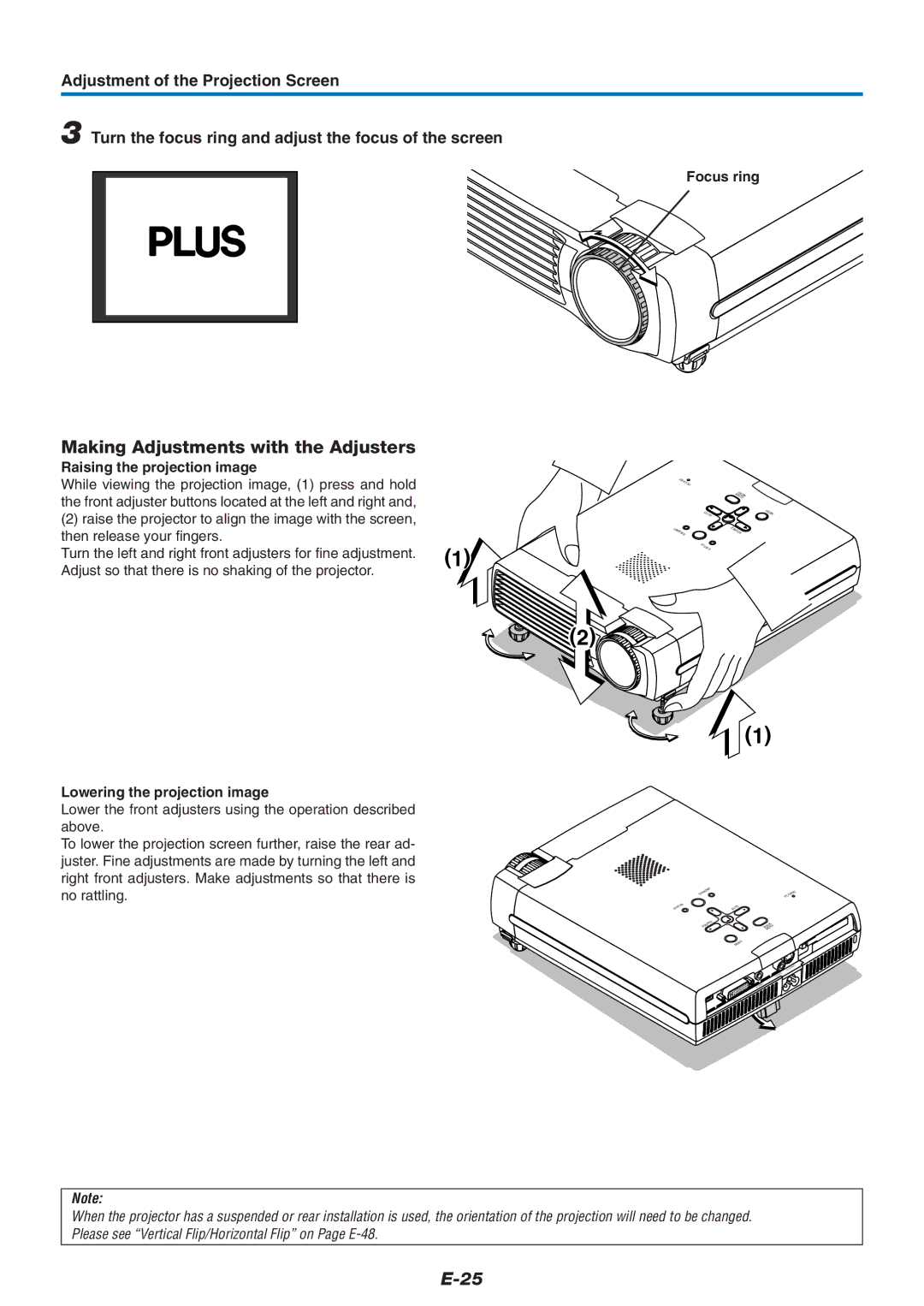 PLUS Vision U4-237 Making Adjustments with the Adjusters, Raising the projection image, Lowering the projection image 