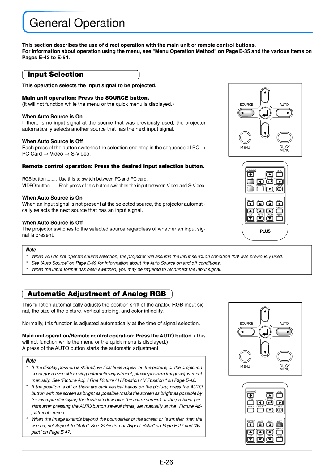 PLUS Vision U4-237 General Operation, Input Selection, Automatic Adjustment of Analog RGB, When Auto Source is On 