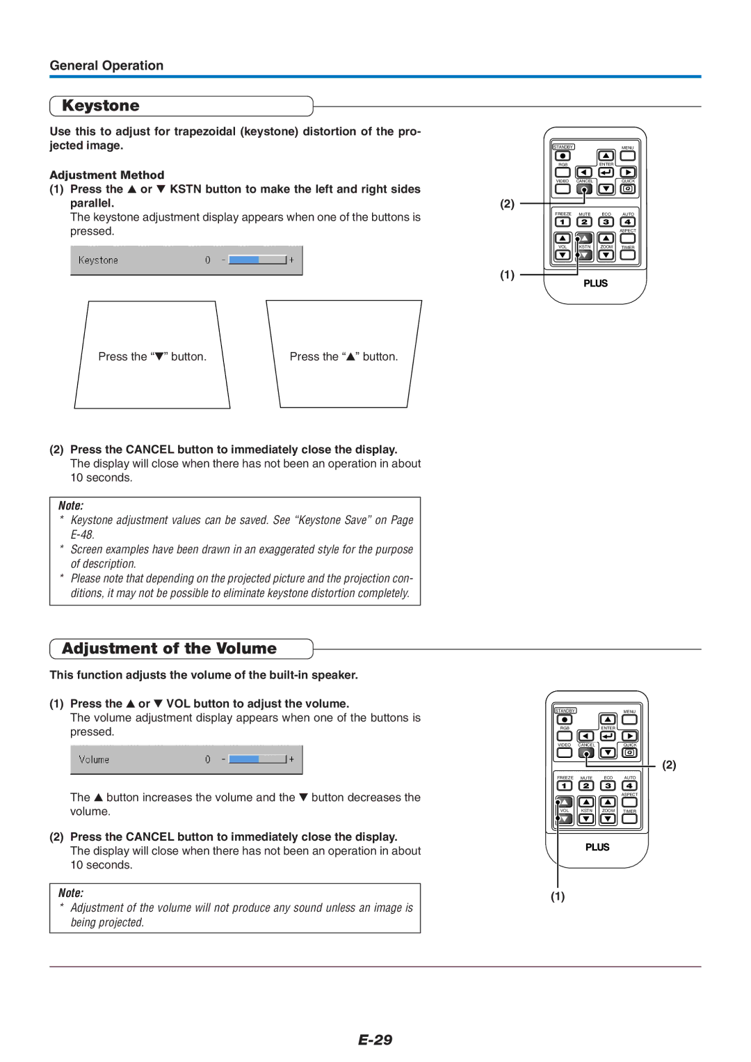 PLUS Vision U4-237 user manual Keystone, Adjustment of the Volume 