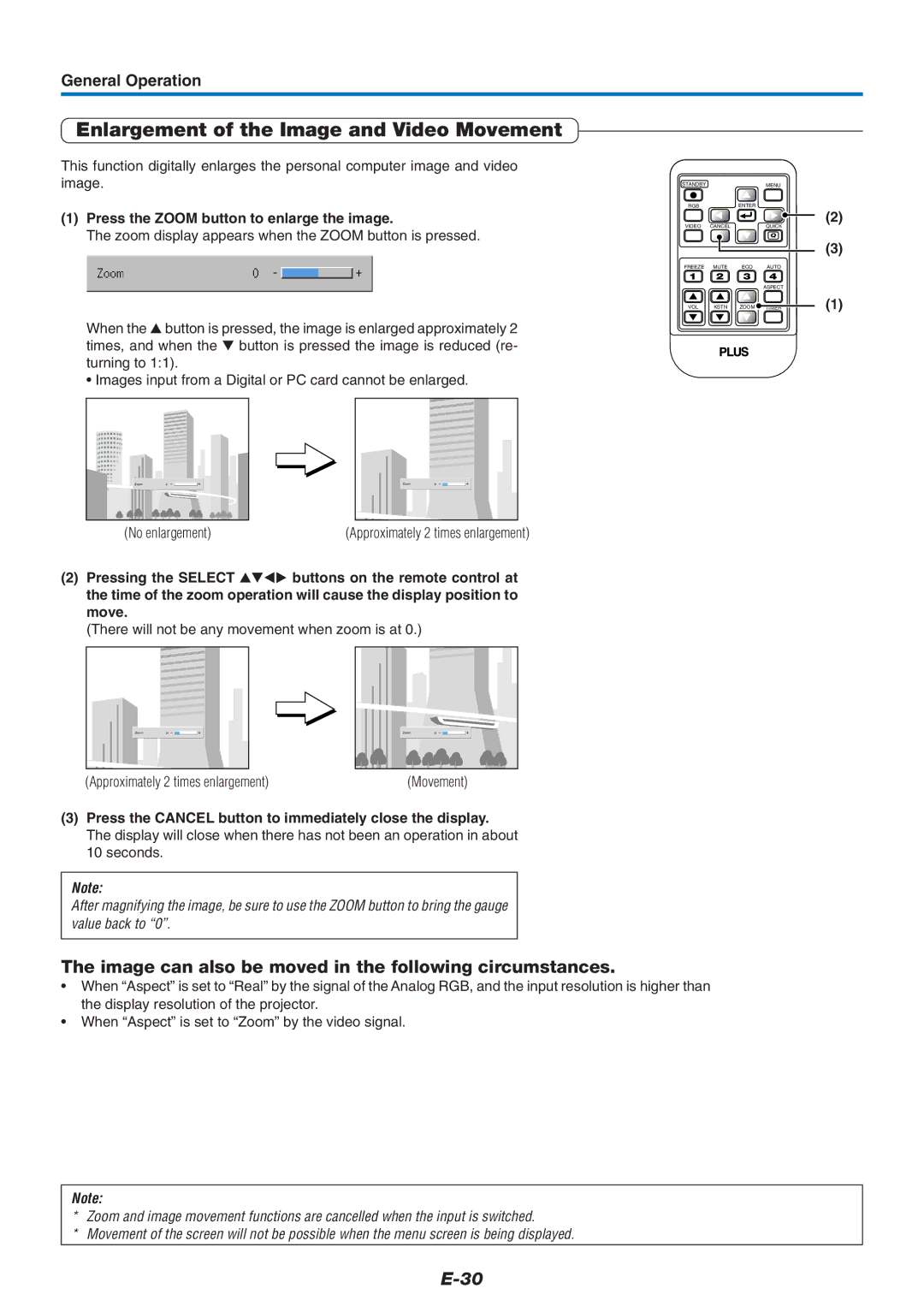 PLUS Vision U4-237 Enlargement of the Image and Video Movement, Image can also be moved in the following circumstances 