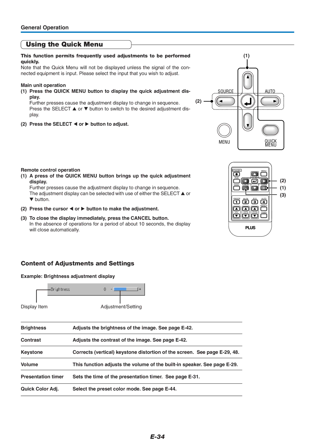 PLUS Vision U4-237 user manual Using the Quick Menu, Content of Adjustments and Settings 