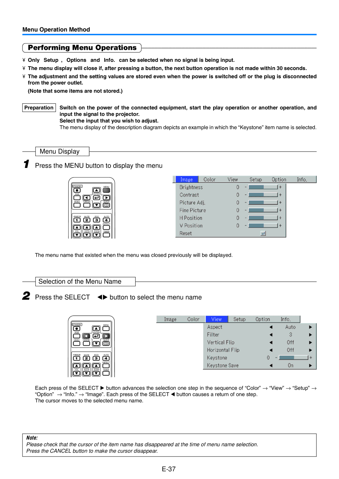 PLUS Vision U4-237 user manual Performing Menu Operations, Menu Display Press the Menu button to display the menu 