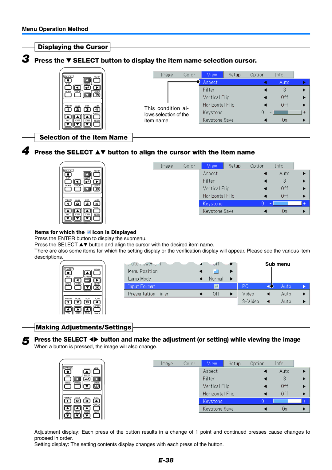 PLUS Vision U4-237 user manual Making Adjustments/Settings, This condition al- lows selection of the item name, Sub menu 