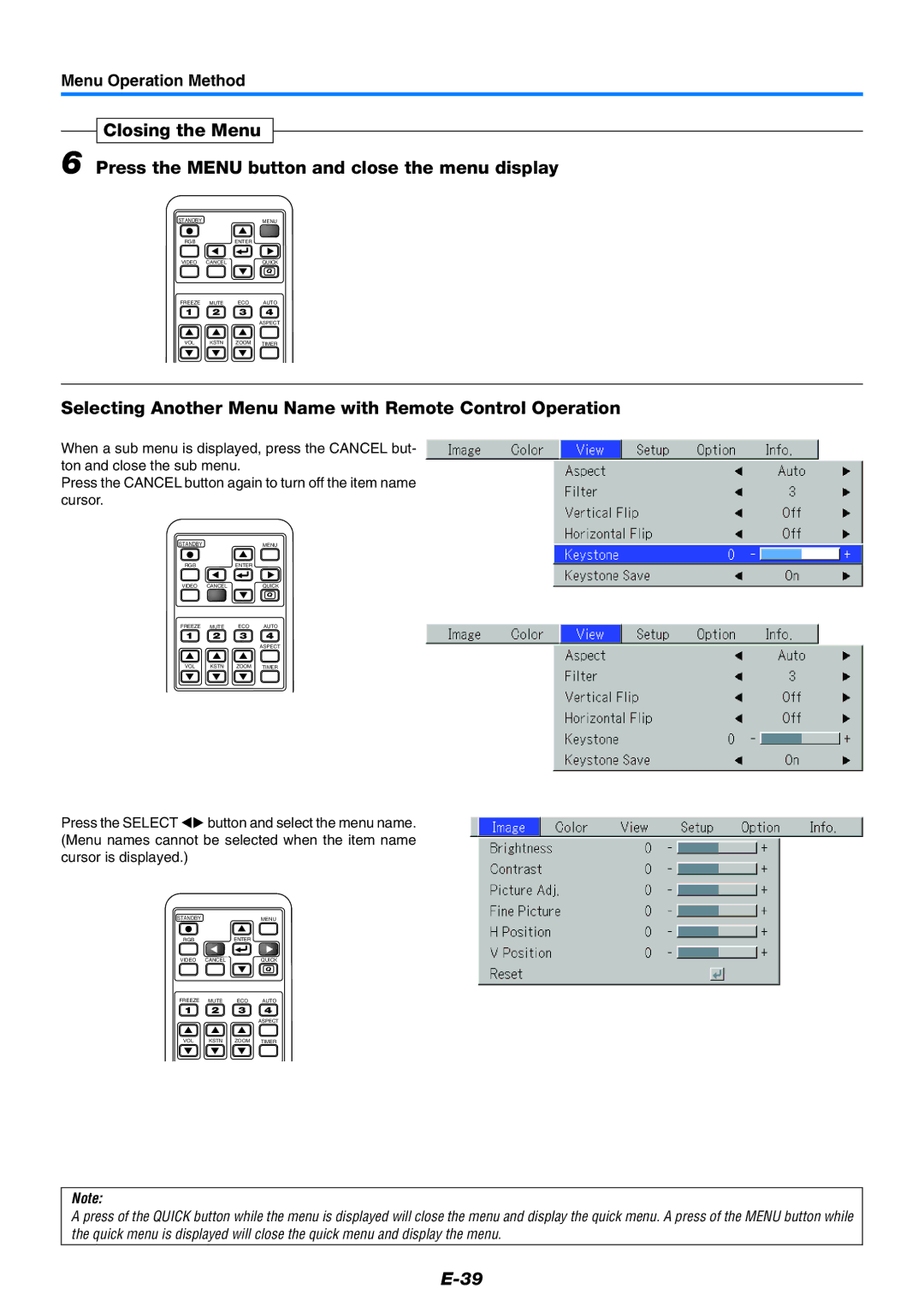 PLUS Vision U4-237 user manual Selecting Another Menu Name with Remote Control Operation 