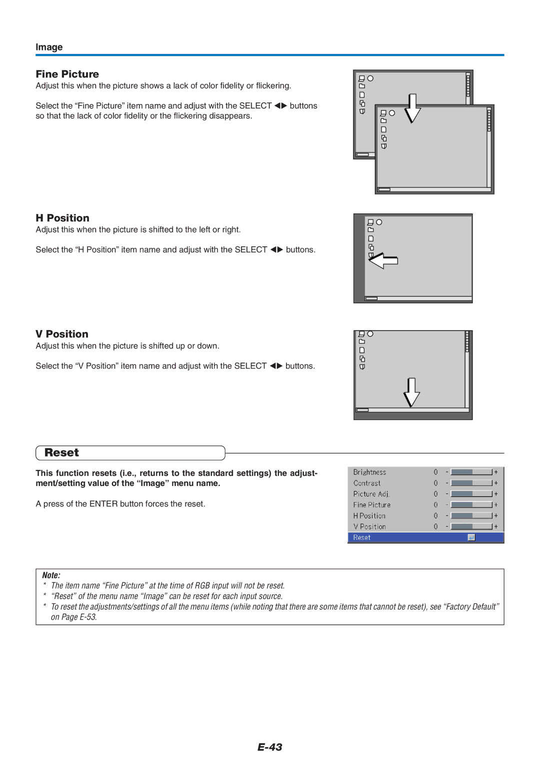 PLUS Vision U4-237 user manual Reset, Fine Picture, Position, Image, Press of the Enter button forces the reset 