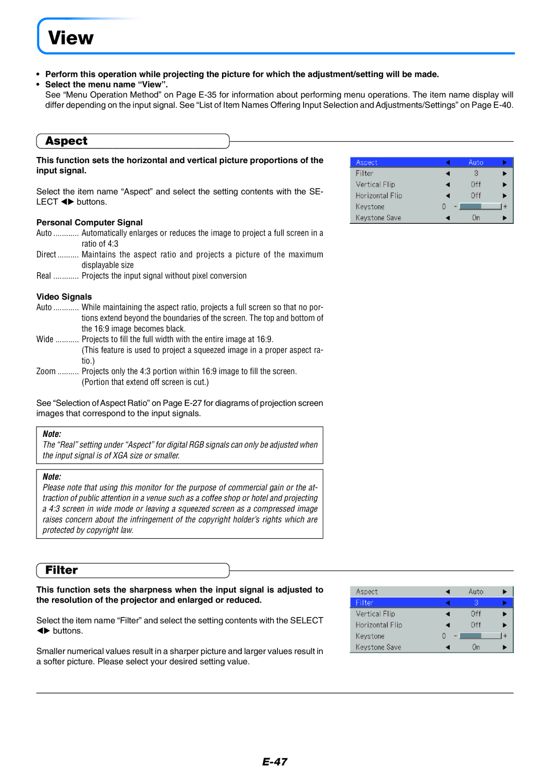 PLUS Vision U4-237 user manual View, Aspect, Filter, Video Signals 