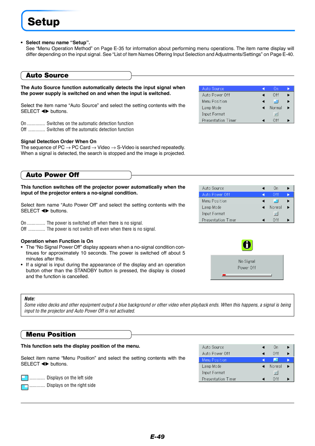 PLUS Vision U4-237 user manual Setup, Auto Source, Auto Power Off, Menu Position 