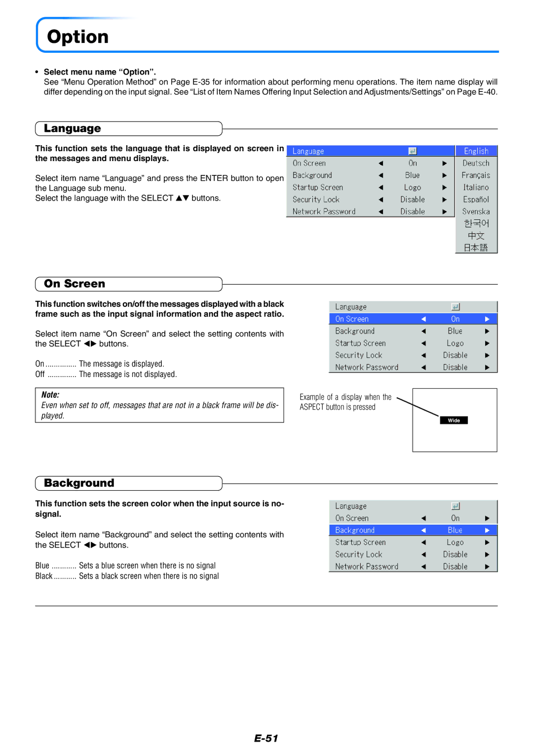 PLUS Vision U4-237 user manual Language, On Screen, Background, Select menu name Option 