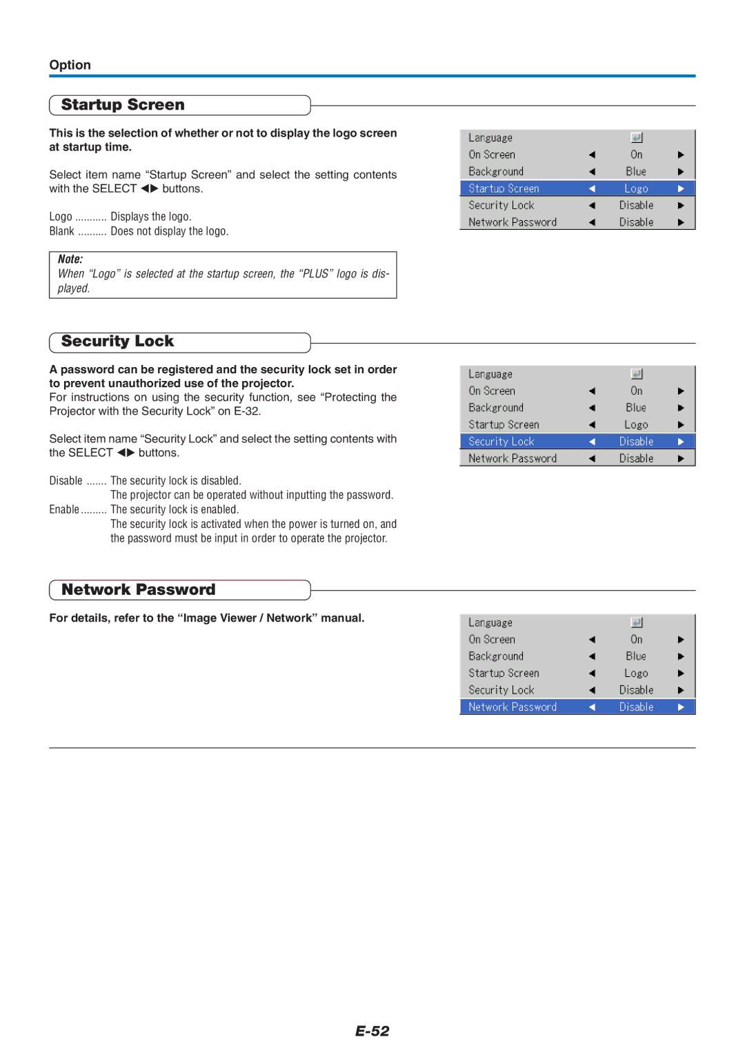 PLUS Vision U4-237 user manual Startup Screen, Security Lock, Network Password, Option 