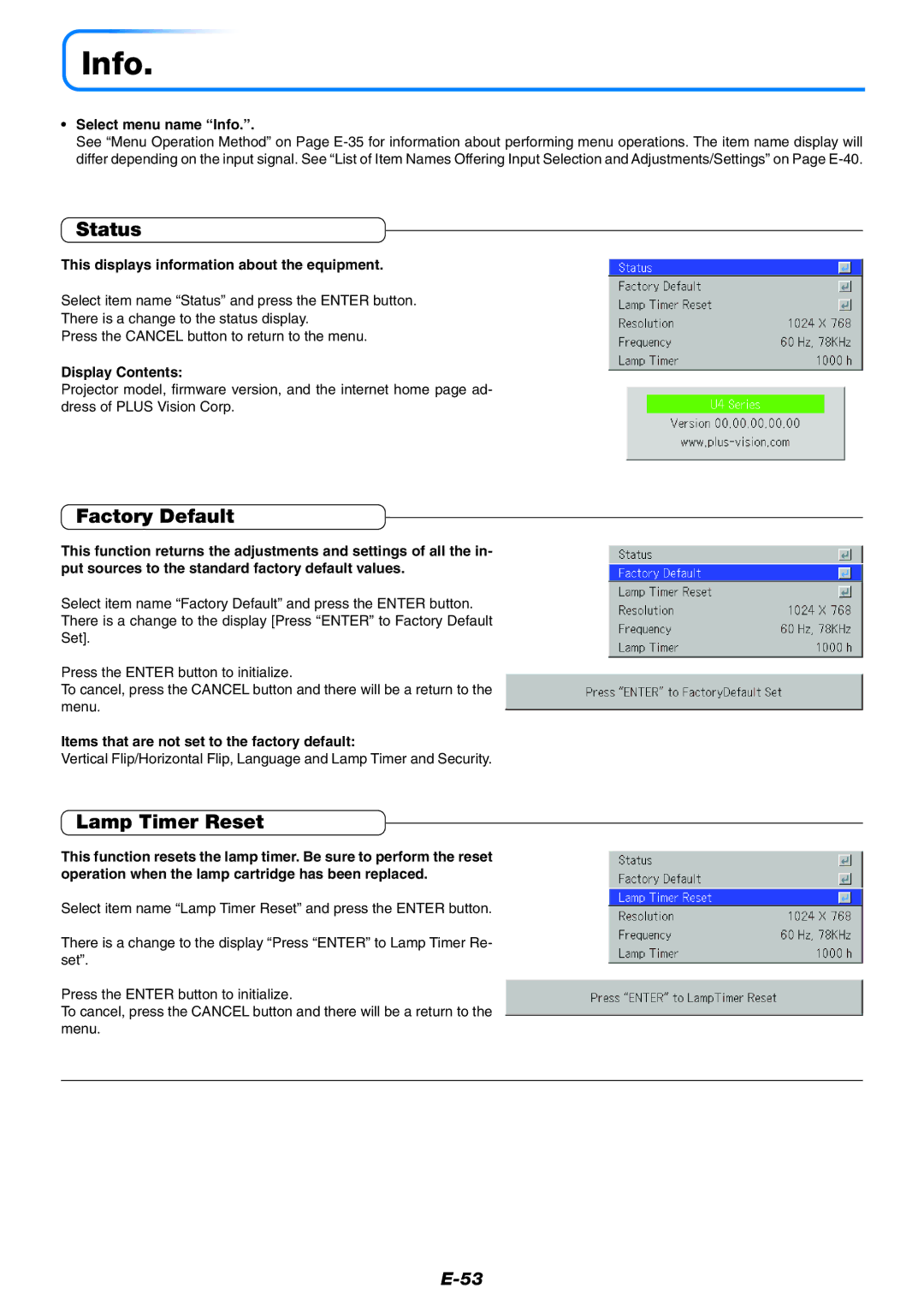 PLUS Vision U4-237 user manual Info, Status, Factory Default, Lamp Timer Reset 