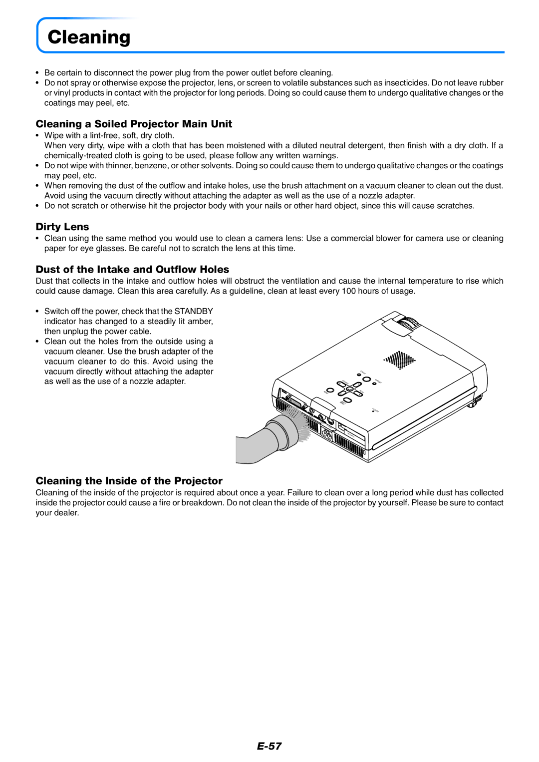 PLUS Vision U4-237 user manual Cleaning a Soiled Projector Main Unit, Dirty Lens, Dust of the Intake and Outflow Holes 