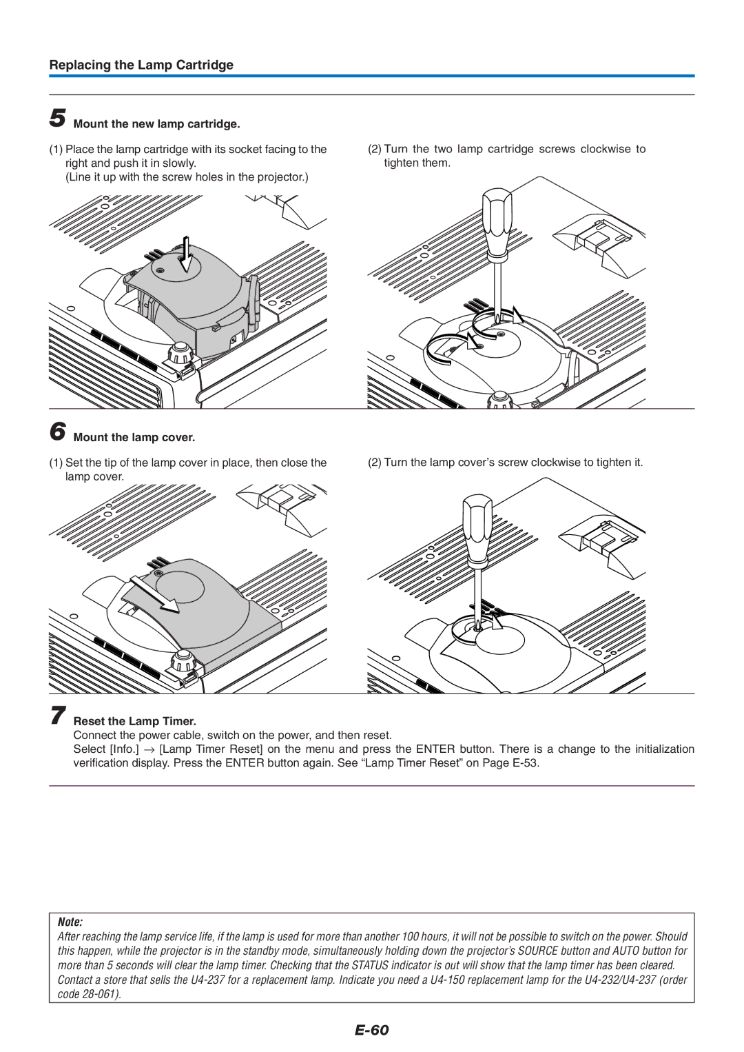 PLUS Vision U4-237 user manual Mount the new lamp cartridge, Mount the lamp cover, Reset the Lamp Timer 