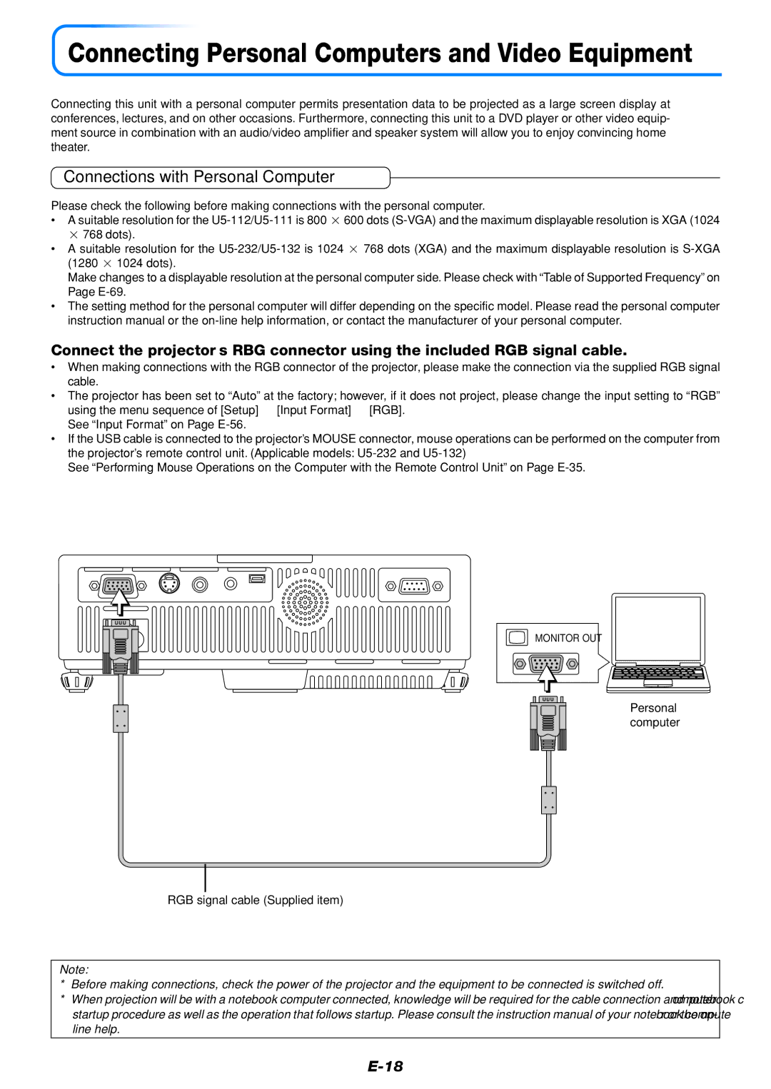 PLUS Vision U5-232, U5-111 user manual Connections with Personal Computer, Personal computer RGB signal cable Supplied item 