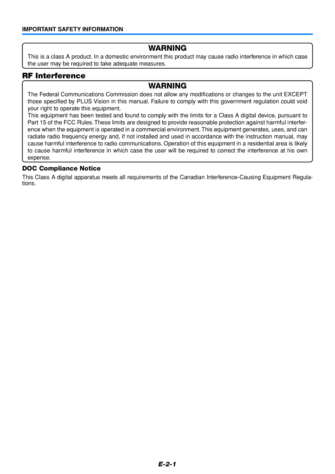 PLUS Vision U5-232, U5-111 user manual DOC Compliance Notice, Important Safety Information 