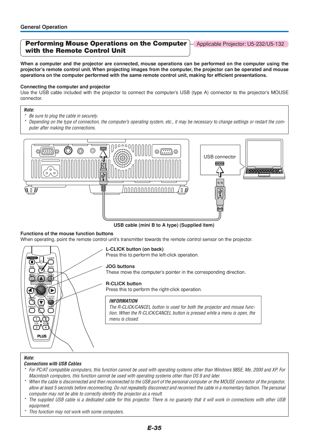 PLUS Vision U5-111, U5-232 user manual Connecting the computer and projector, Click button on back, JOG buttons 