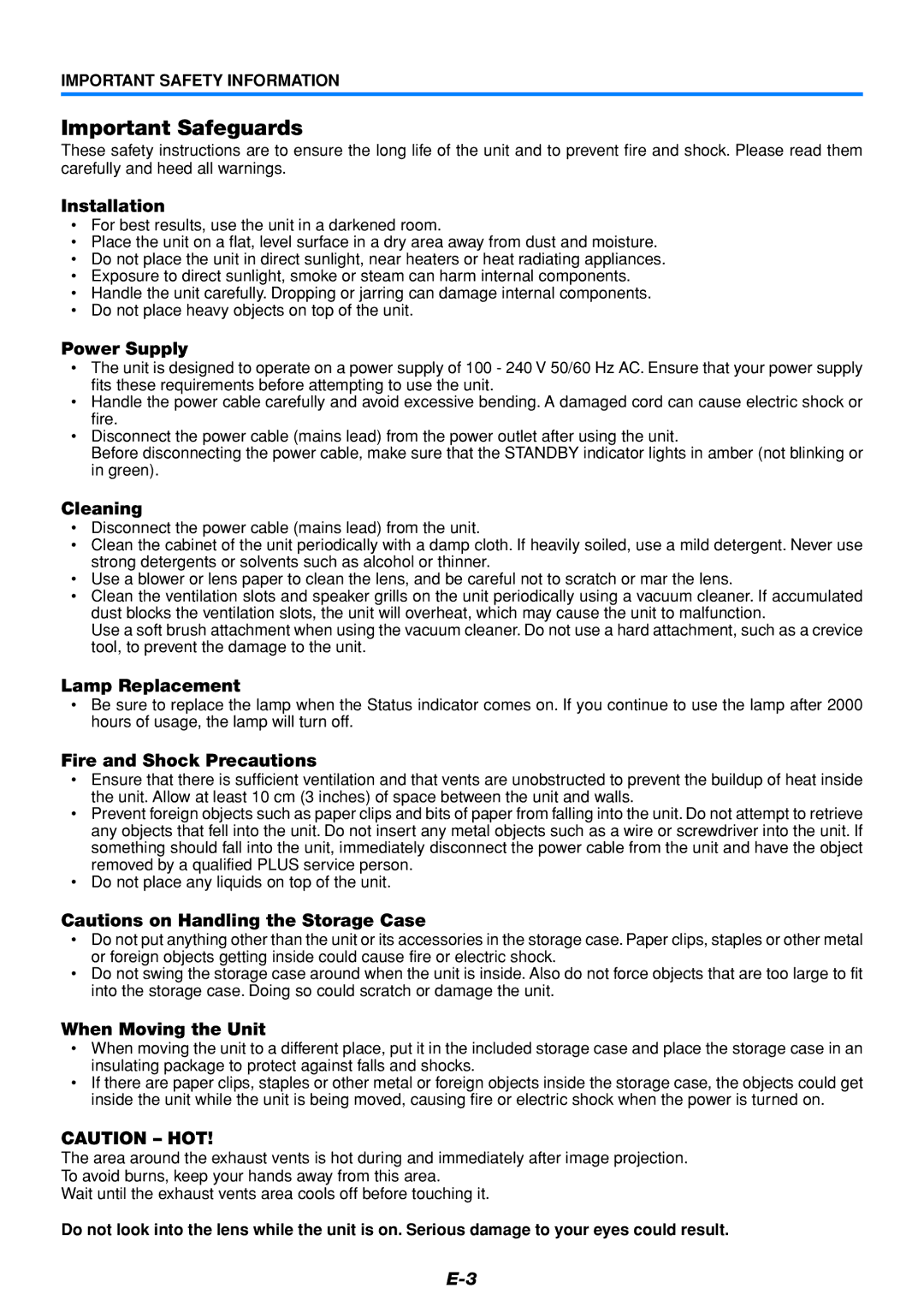 PLUS Vision U5-111, U5-232 user manual Installation, Power Supply, Cleaning, Lamp Replacement, Fire and Shock Precautions 