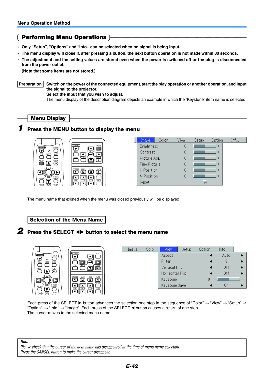 PLUS Vision U5-232, U5-111 user manual Performing Menu Operations, Menu Display Press the Menu button to display the menu 