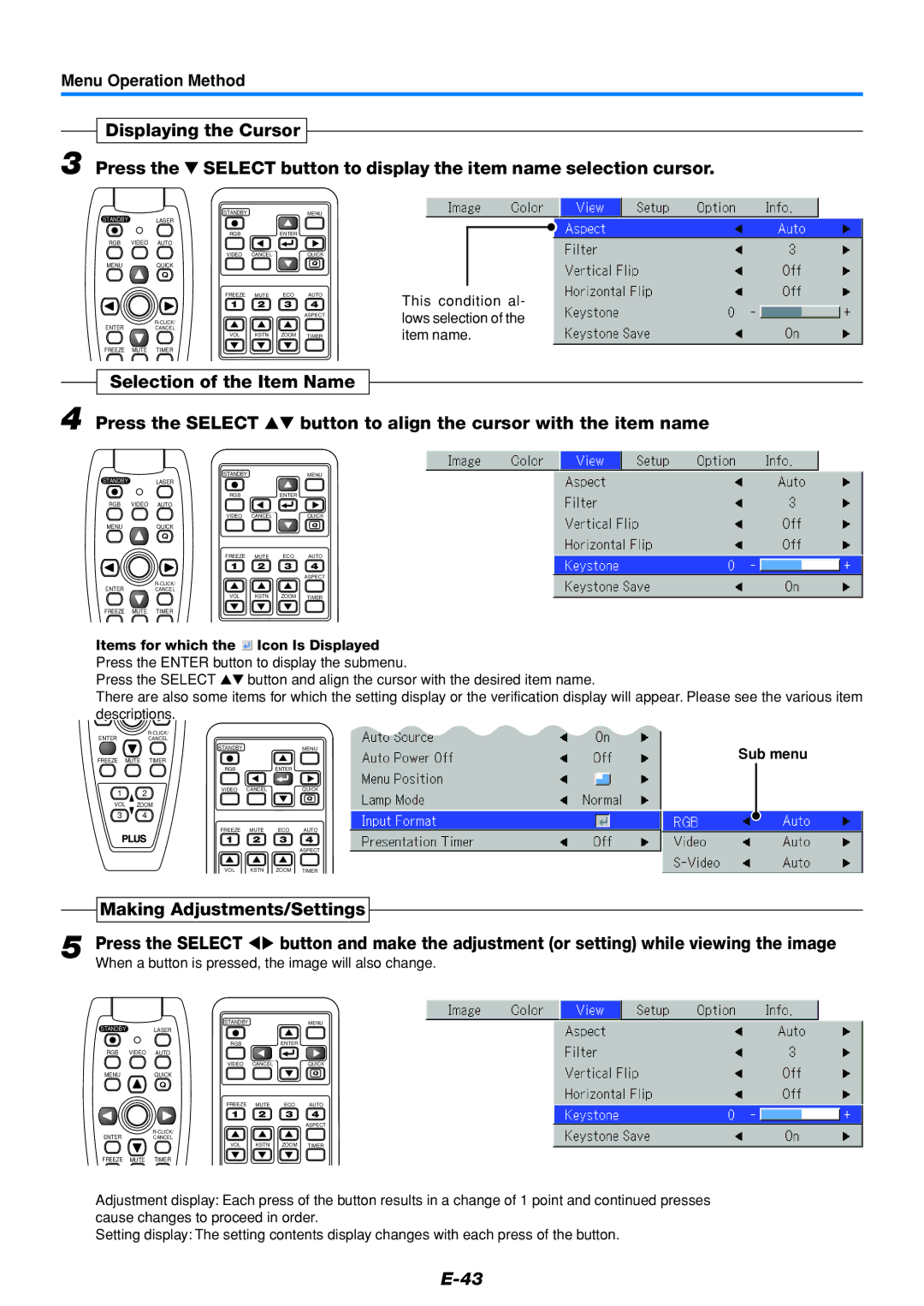 PLUS Vision U5-111, U5-232 Making Adjustments/Settings, This condition al- lows selection of the item name, Sub menu 