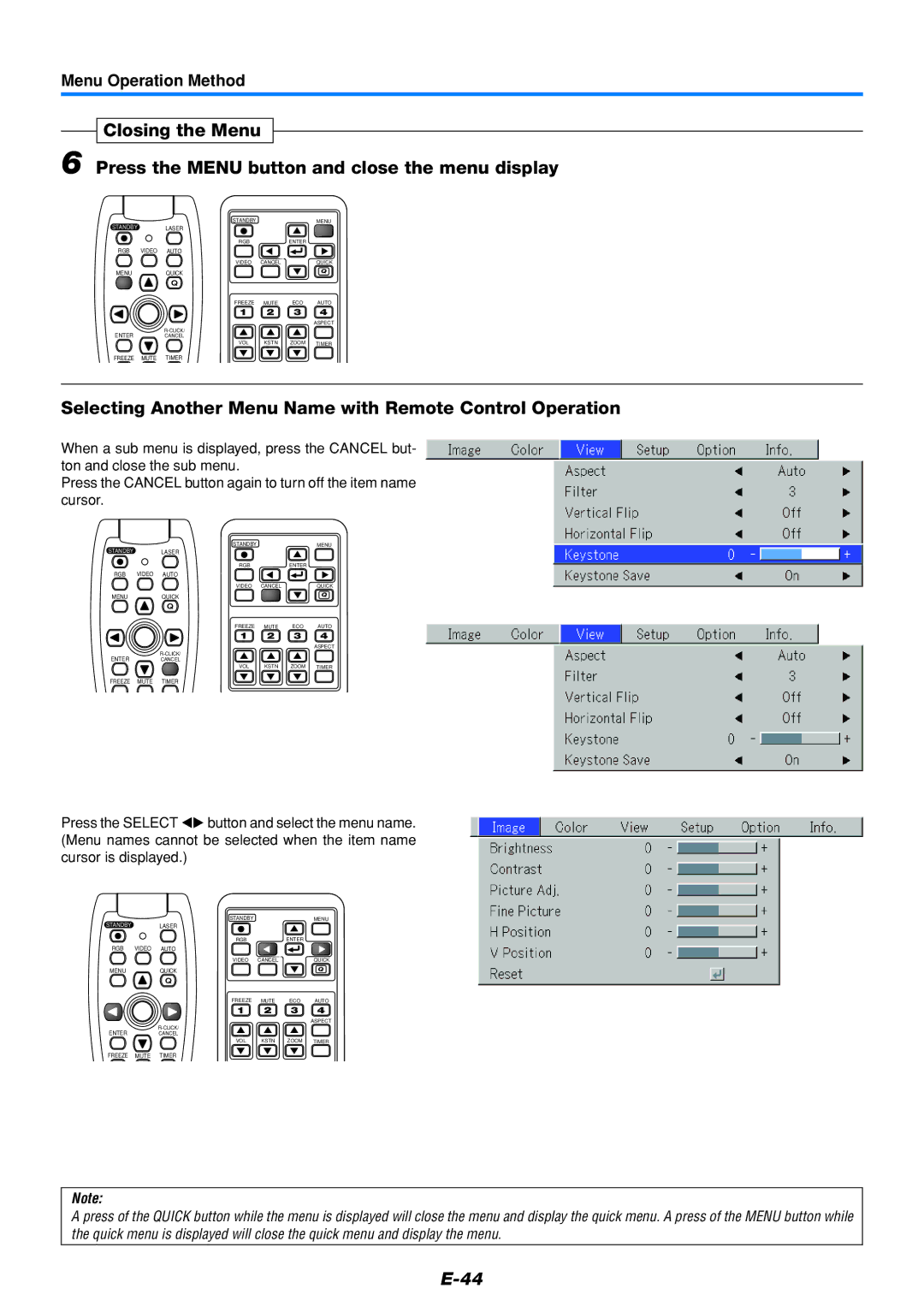 PLUS Vision U5-232, U5-111 user manual Selecting Another Menu Name with Remote Control Operation 