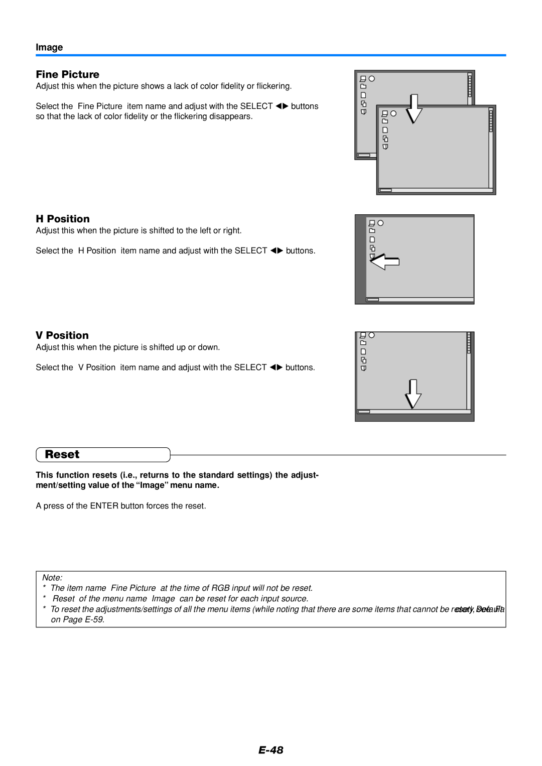 PLUS Vision U5-232, U5-111 user manual Reset, Fine Picture, Position, Image, Press of the Enter button forces the reset 