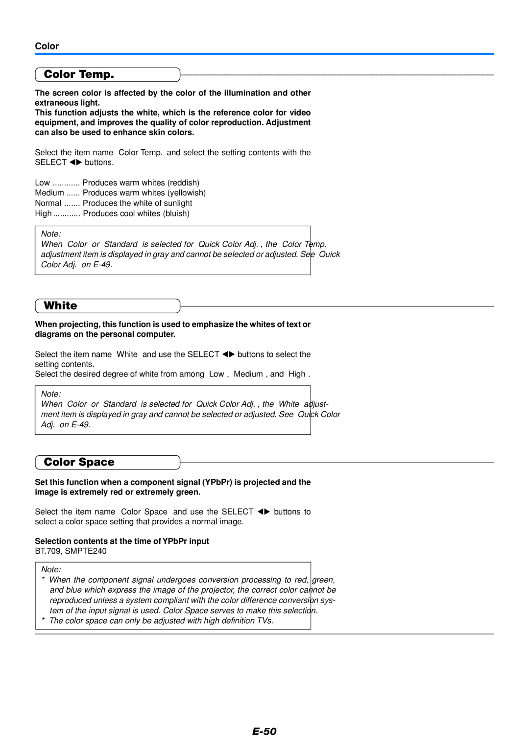 PLUS Vision U5-232, U5-111 user manual Color Temp, White, Color Space, Selection contents at the time of YPbPr input 