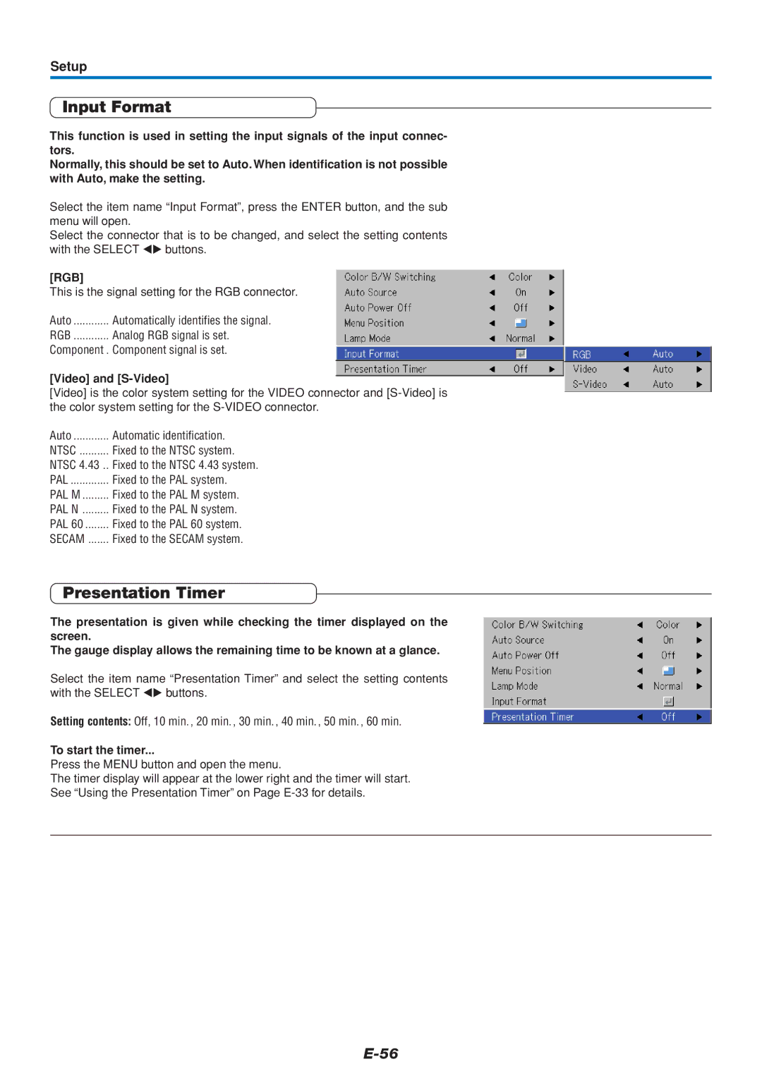 PLUS Vision U5-232, U5-111 user manual Input Format, Presentation Timer, Video and S-Video, To start the timer 