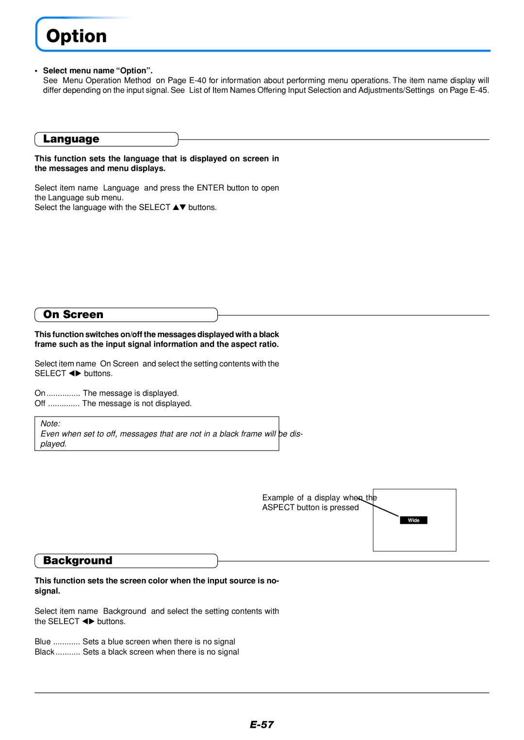 PLUS Vision U5-111, U5-232 user manual Language, On Screen, Background, Select menu name Option 