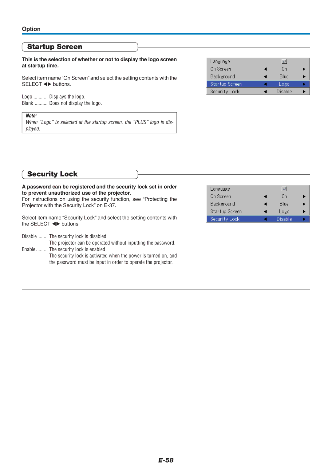 PLUS Vision U5-232, U5-111 user manual Startup Screen, Security Lock, Option 