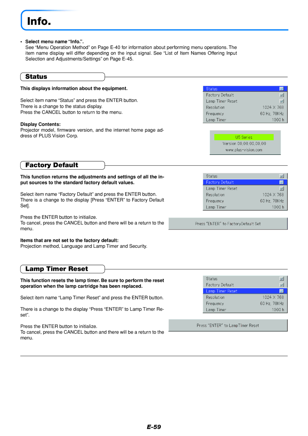 PLUS Vision U5-111, U5-232 user manual Info, Status, Factory Default, Lamp Timer Reset 