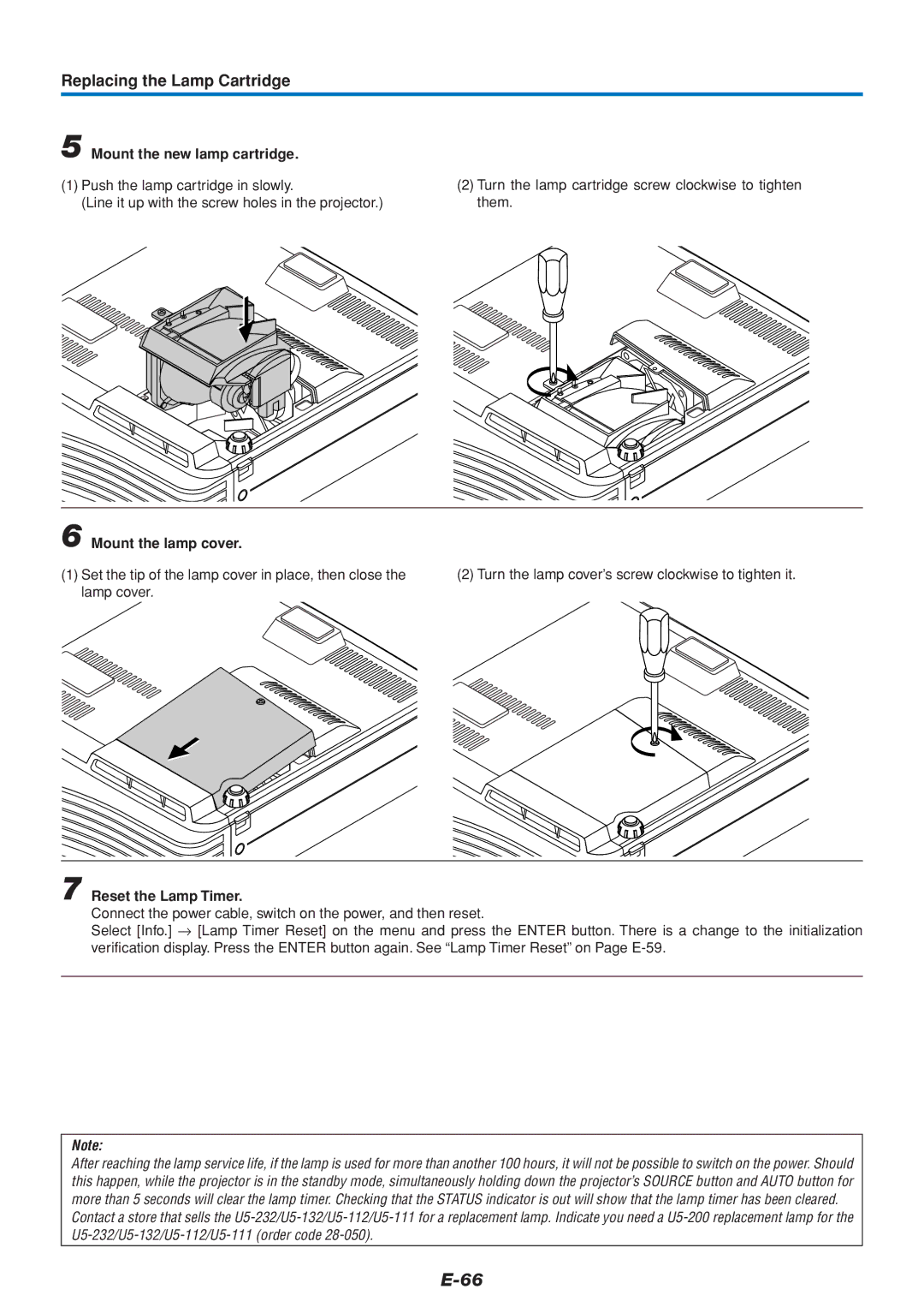 PLUS Vision U5-232, U5-111 user manual Mount the new lamp cartridge, Mount the lamp cover, Reset the Lamp Timer 