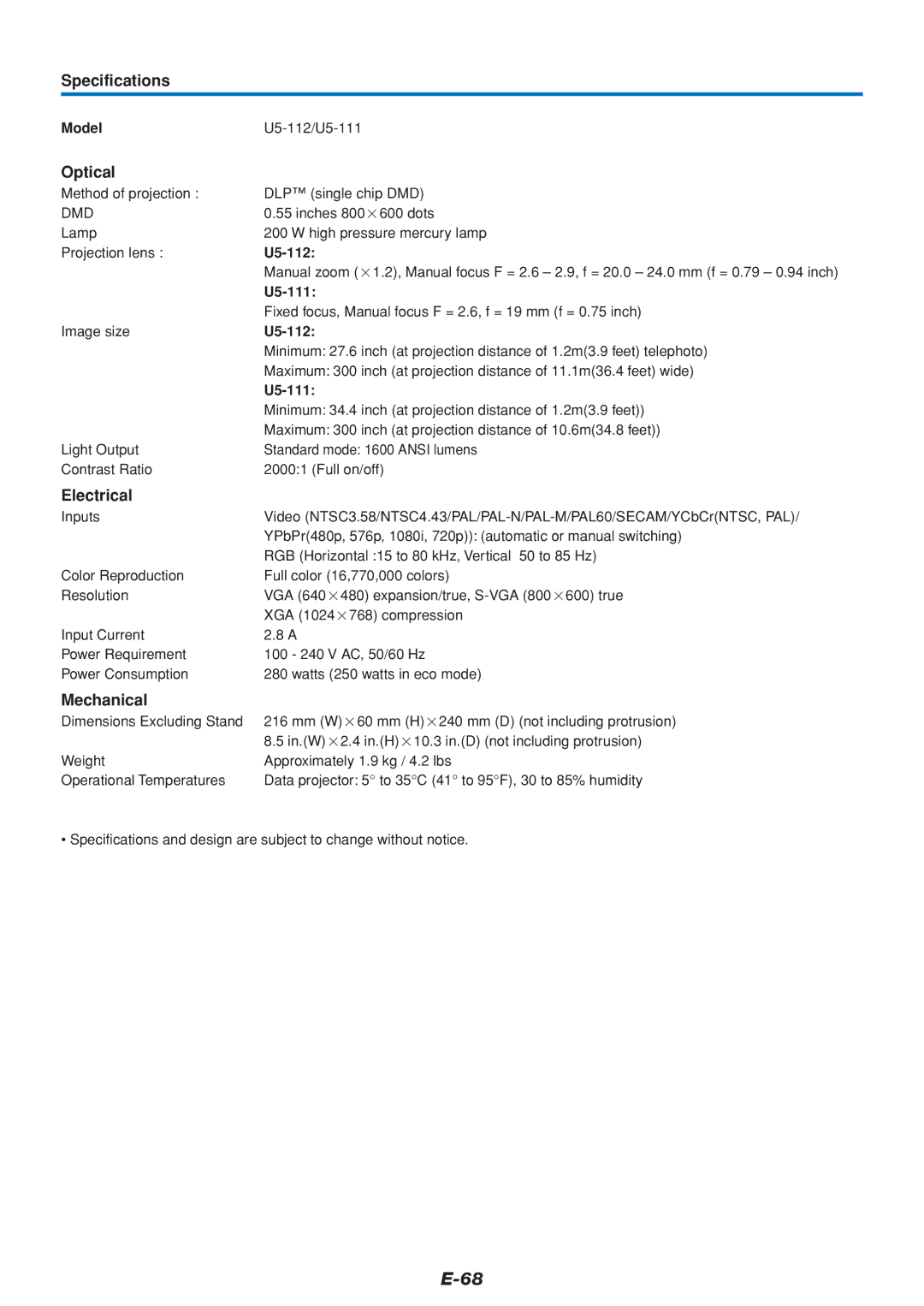 PLUS Vision U5-232 user manual Specifications, Model U5-112/U5-111 