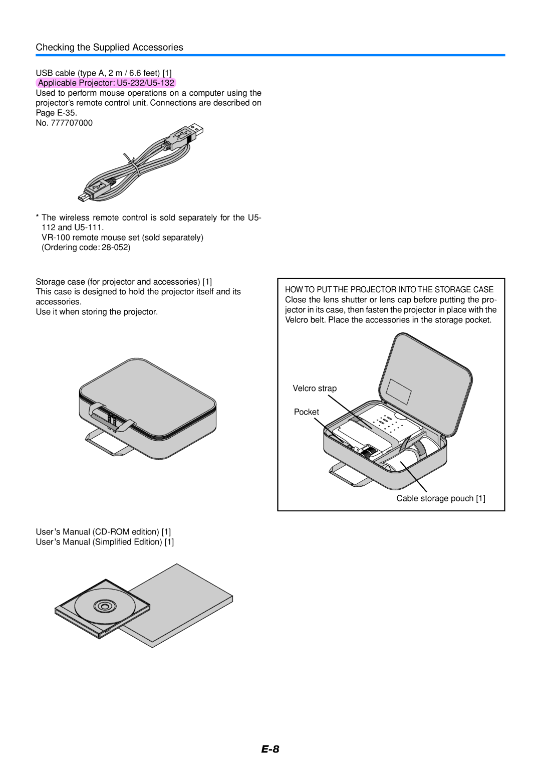 PLUS Vision U5-232, U5-111 user manual Checking the Supplied Accessories, Storage case for projector and accessories 