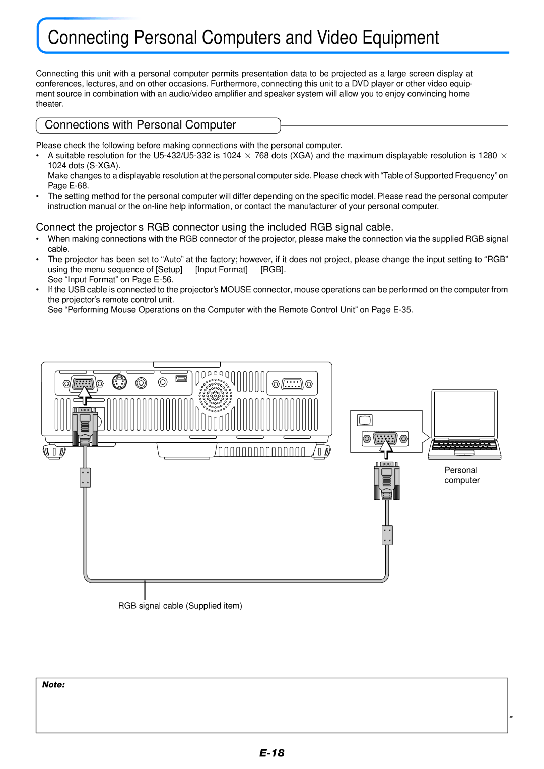 PLUS Vision U5-432 user manual Connections with Personal Computer, Personal computer RGB signal cable Supplied item 