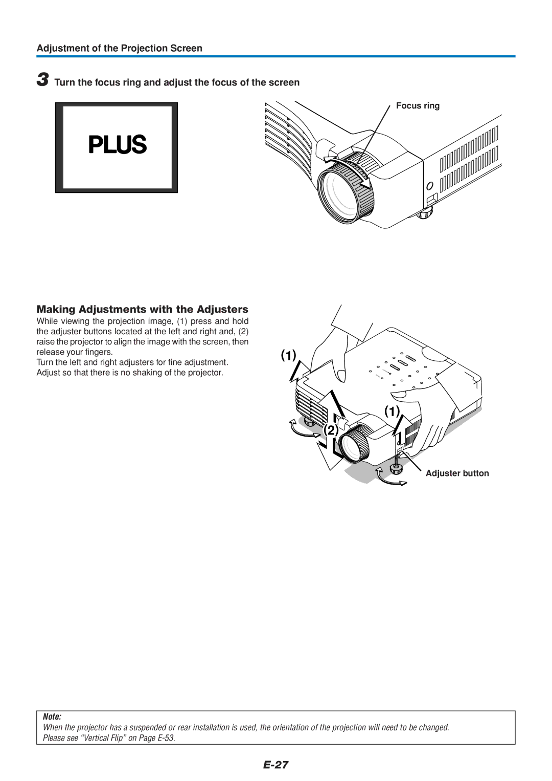 PLUS Vision U5-432 user manual Making Adjustments with the Adjusters, Focus ring, Adjuster button 