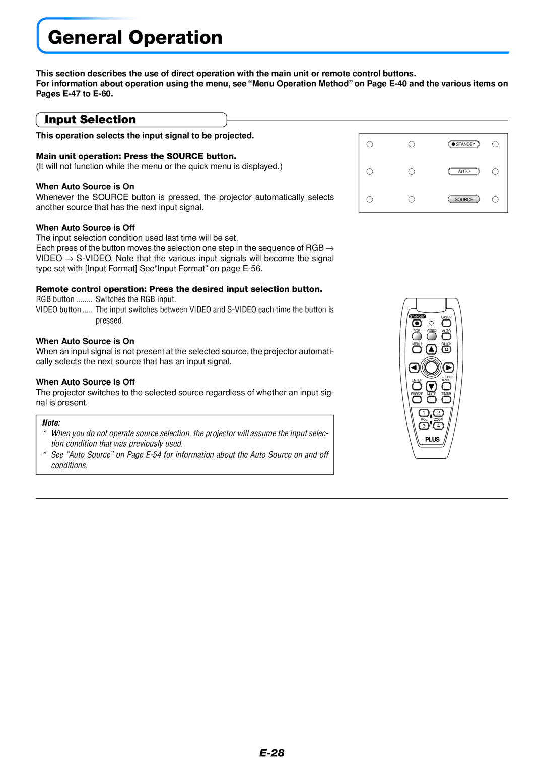 PLUS Vision U5-432 user manual General Operation, Input Selection, When Auto Source is On, When Auto Source is Off 