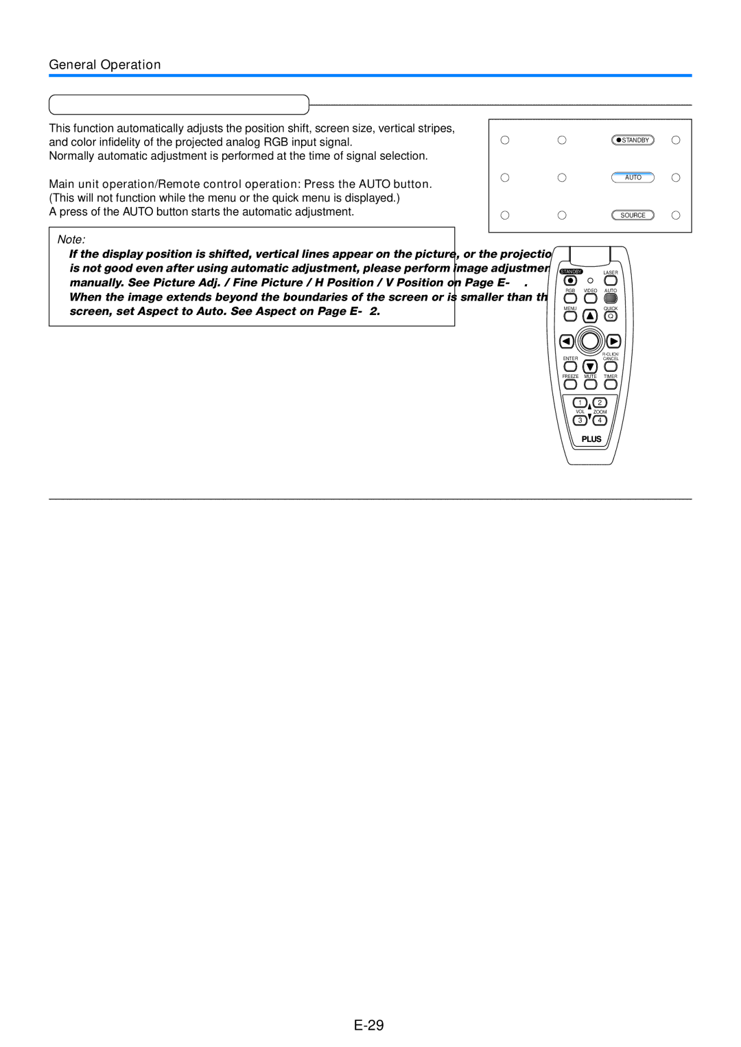 PLUS Vision U5-432 Automatic Adjustment, General Operation, Press of the Auto button starts the automatic adjustment 