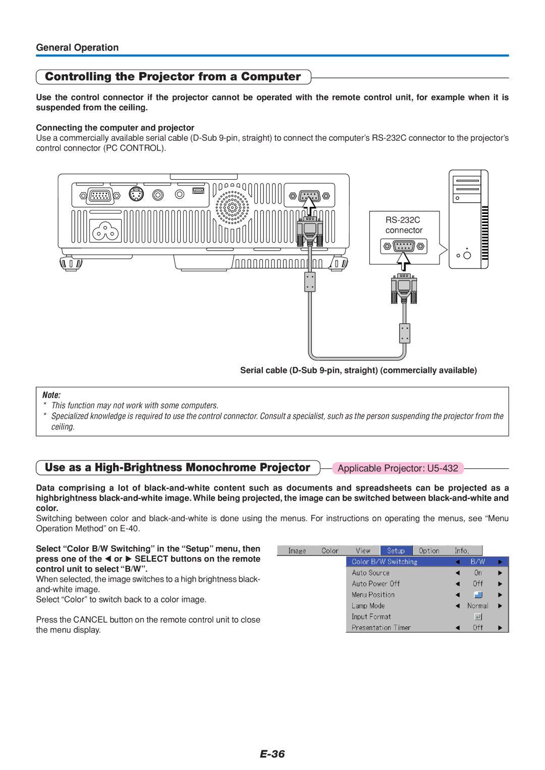 PLUS Vision U5-432 user manual Controlling the Projector from a Computer, Use as a High-Brightness Monochrome Projector 